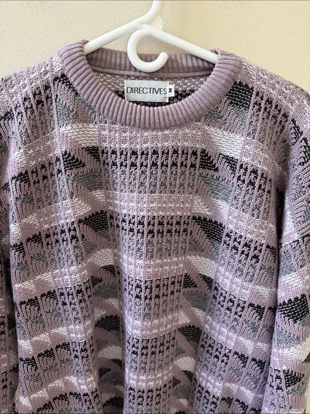 Vintage 90s Men's Purple, Black, Grey Abstract Patterned Crewneck Sweater, Sz M